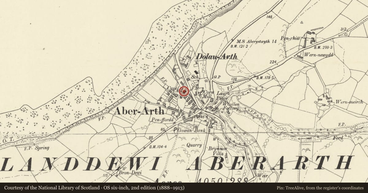 Ordnance Survey six-inch map, 2nd edition (1888–1913) covering the location of Bethel Chapel, Dyffryn Arth, Ceredigion, with a pin at the register's coordinates