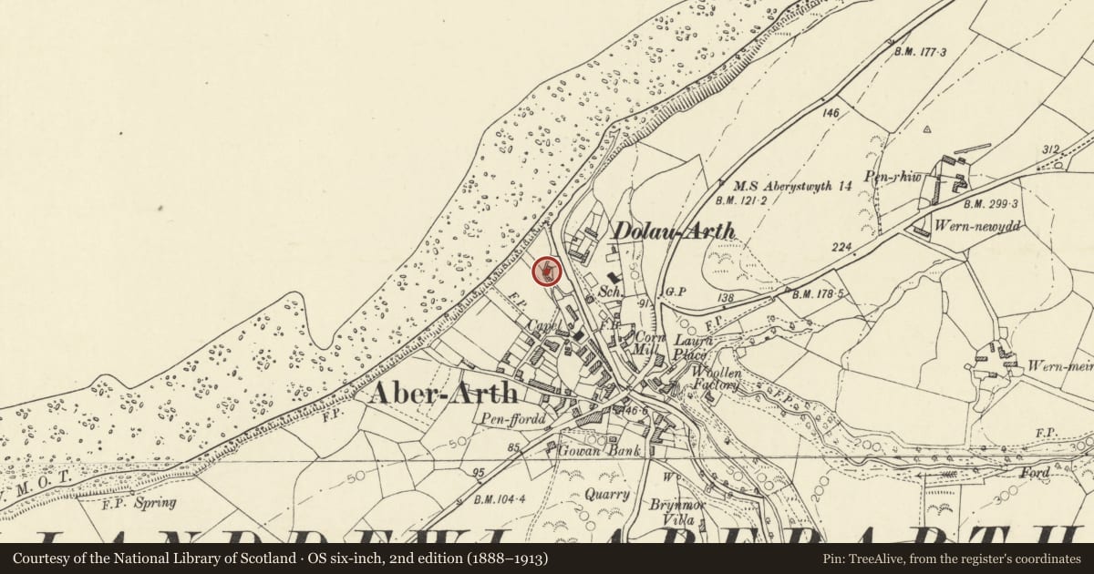 Ordnance Survey six-inch map, 2nd edition (1888–1913) covering the location of Clifton, Dyffryn Arth, Ceredigion, with a pin at the register's coordinates