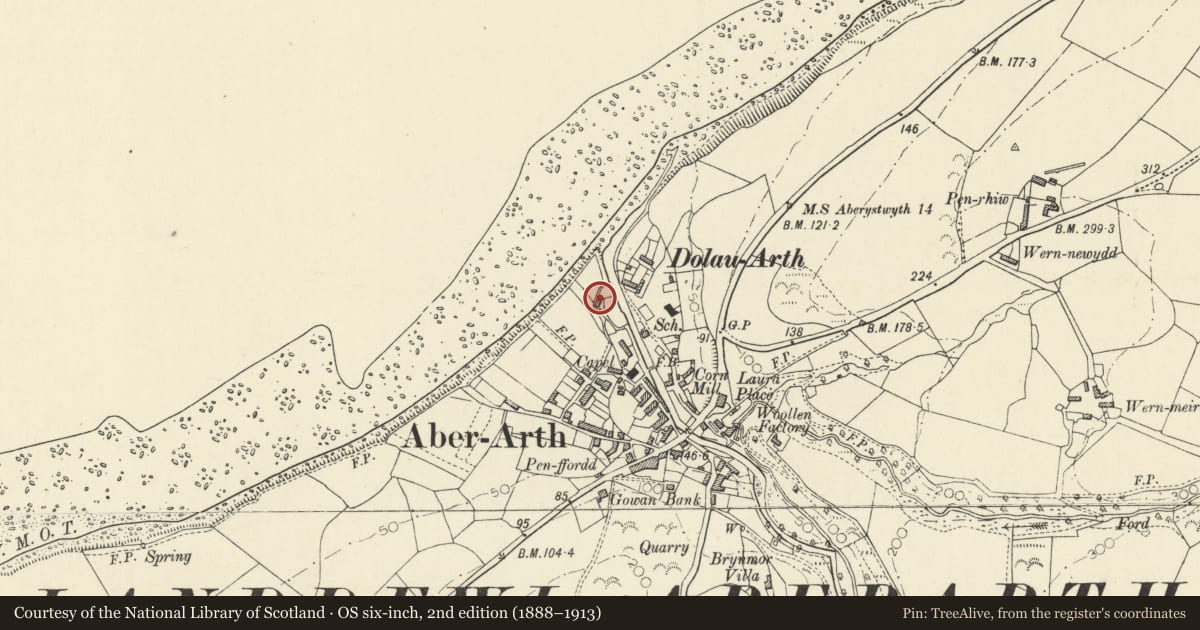 Ordnance Survey six-inch map, 2nd edition (1888–1913) covering the location of Manteg, Dyffryn Arth, Ceredigion, with a pin at the register's coordinates