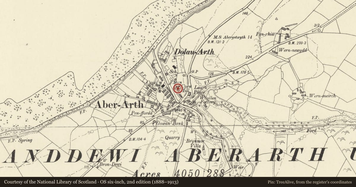 Ordnance Survey six-inch map, 2nd edition (1888–1913) covering the location of Felin Aberarth, Dyffryn Arth, Ceredigion, with a pin at the register's coordinates