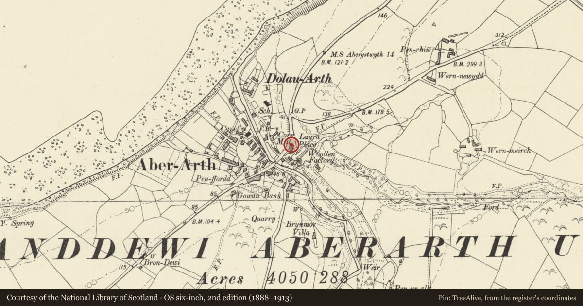 Ordnance Survey six-inch map, 2nd edition (1888–1913) covering the location of Laura House, Dyffryn Arth, Ceredigion, with a pin at the register's coordinates