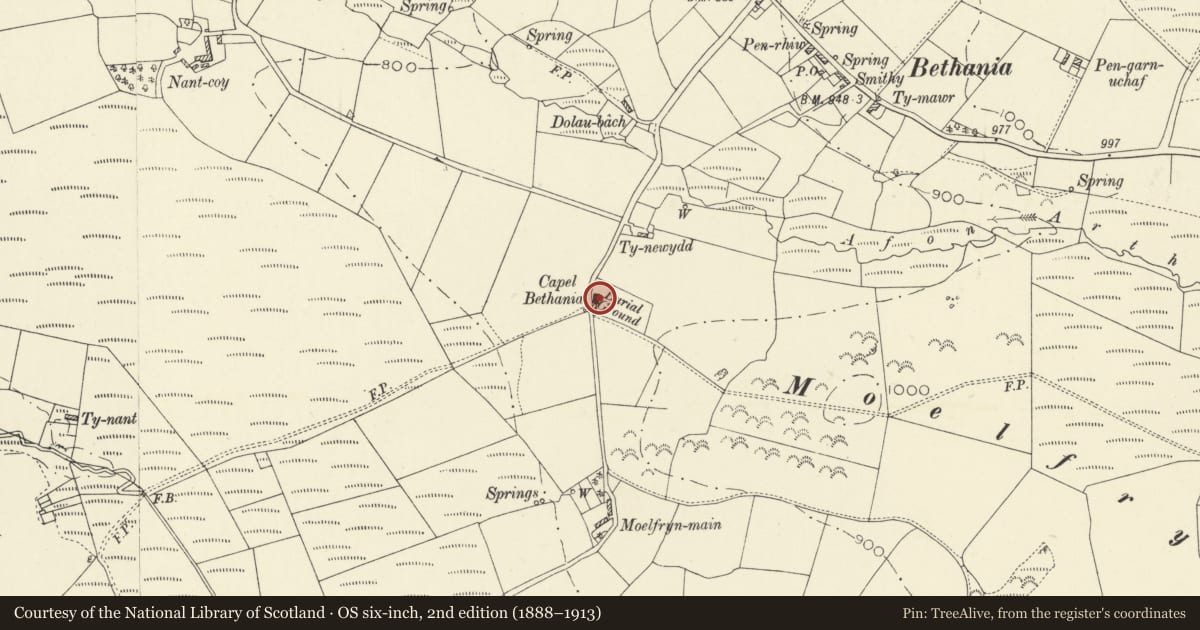 Ordnance Survey six-inch map, 2nd edition (1888–1913) covering the location of Bethania Chapel, Dyffryn Arth, Ceredigion, with a pin at the register's coordinates