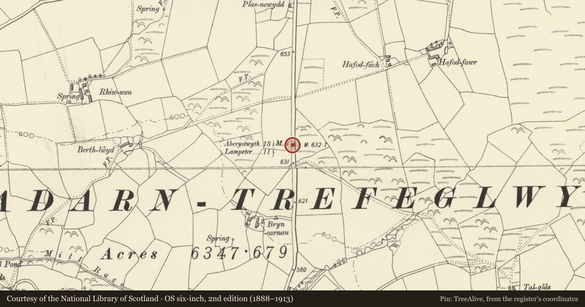 Ordnance Survey six-inch map, 2nd edition (1888–1913) covering the location of Milestone on B4337, Dyffryn Arth, Ceredigion, with a pin at the register's coordinates