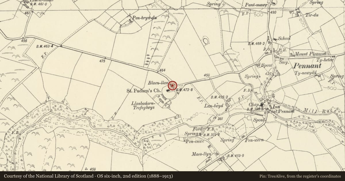 Ordnance Survey six-inch map, 2nd edition (1888–1913) covering the location of Former School by Church of St Padarn, Dyffryn Arth, Ceredigion, with a pin at the register's coordinates
