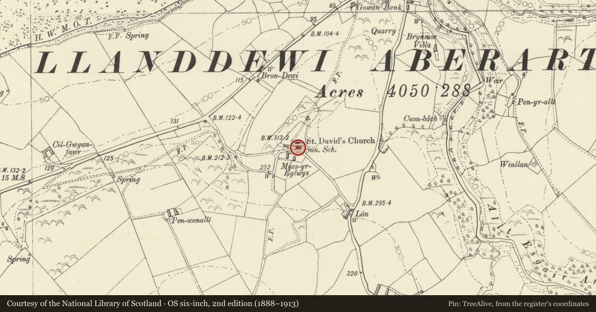 Ordnance Survey six-inch map, 2nd edition (1888–1913) covering the location of Church Hall, Dyffryn Arth, Ceredigion, with a pin at the register's coordinates