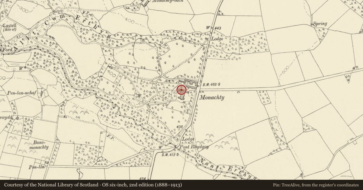 Ordnance Survey six-inch map, 2nd edition (1888–1913) covering the location of Coach-House, stable and service courts at Monachty, Dyffryn Arth, Ceredigion, with a pin at the register's coordinates