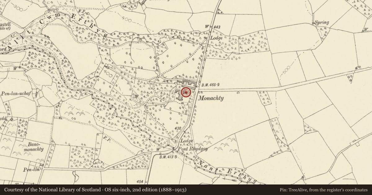 Ordnance Survey six-inch map, 2nd edition (1888–1913) covering the location of Service Range to NE of Monachty, Dyffryn Arth, Ceredigion, with a pin at the register's coordinates