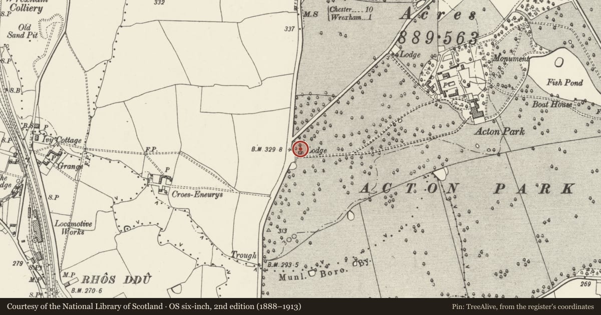 Ordnance Survey six-inch map, 2nd edition (1888–1913) covering the location of Acton Park Lodge, Wrexham, with a pin at the register's coordinates