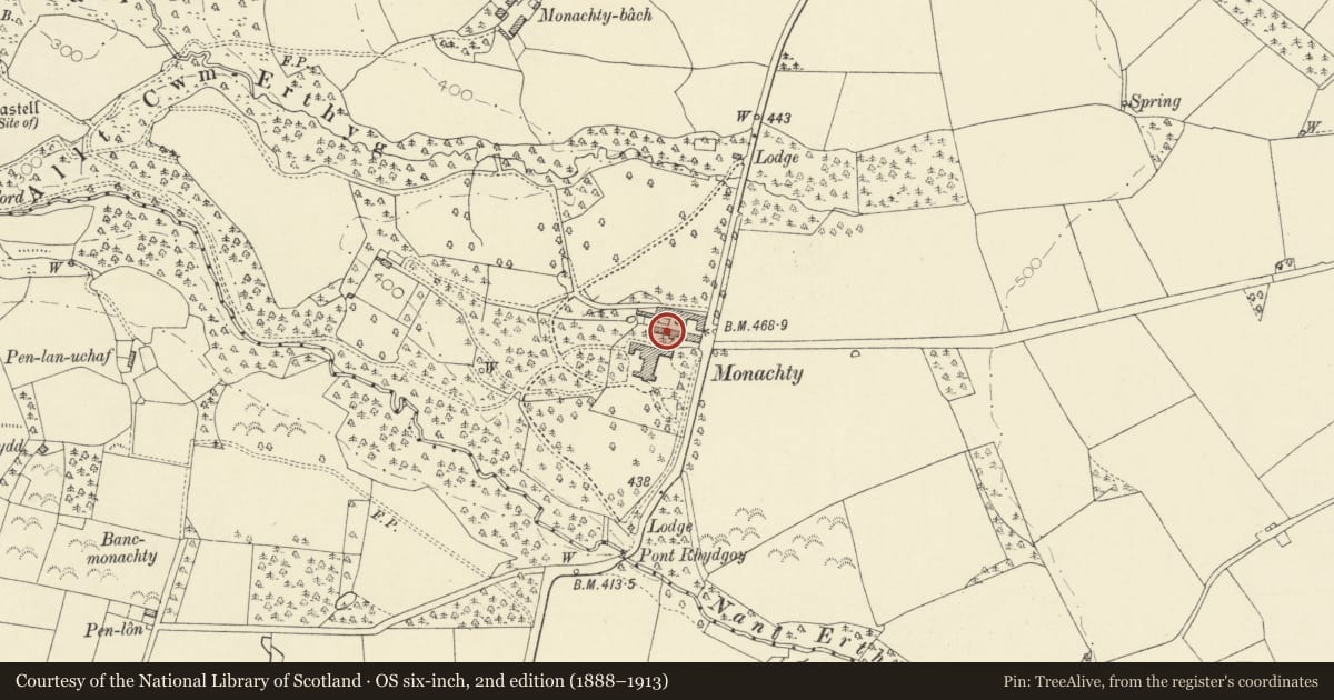 Ordnance Survey six-inch map, 2nd edition (1888–1913) covering the location of Outbuilding on S side of farmyard at Monachty, Dyffryn Arth, Ceredigion, with a pin at the register's coordinates