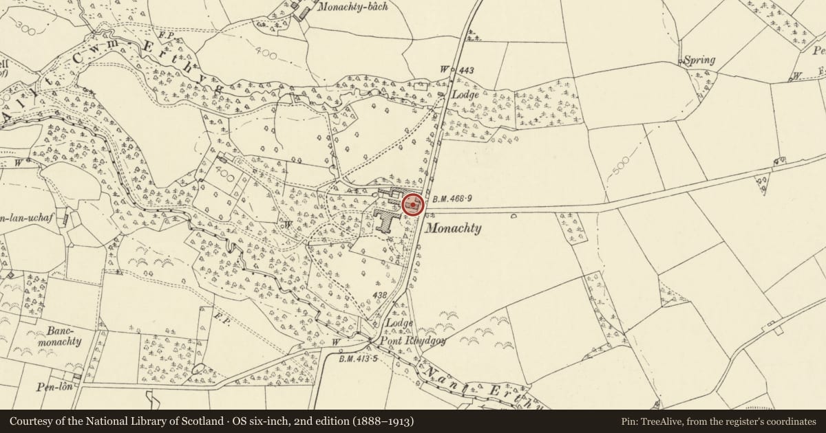 Ordnance Survey six-inch map, 2nd edition (1888–1913) covering the location of SE range of farm court at Monachty, Dyffryn Arth, Ceredigion, with a pin at the register's coordinates