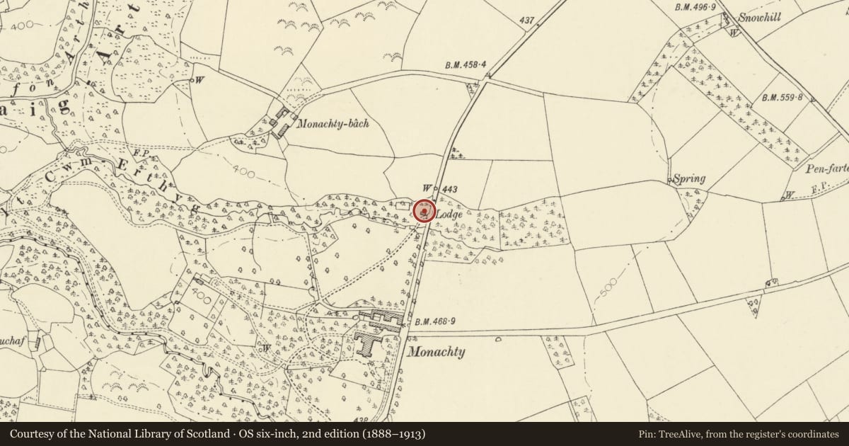 Ordnance Survey six-inch map, 2nd edition (1888–1913) covering the location of North Lodge, Dyffryn Arth, Ceredigion, with a pin at the register's coordinates