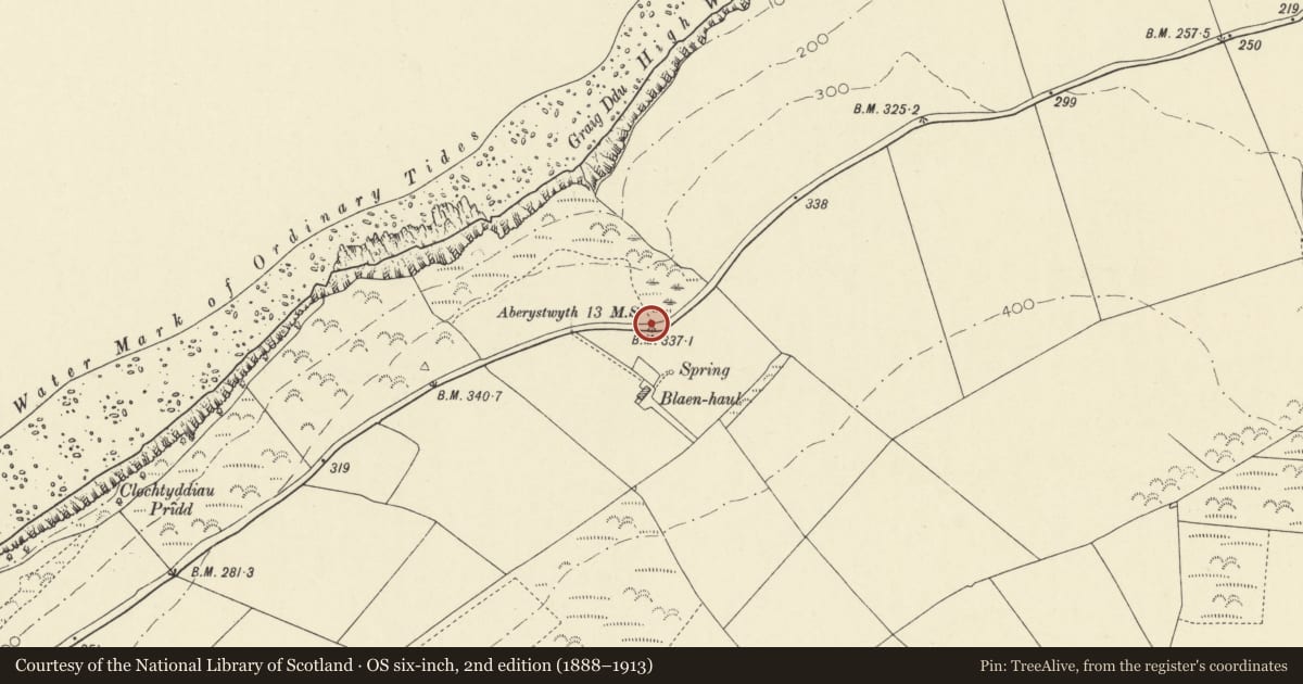 Ordnance Survey six-inch map, 2nd edition (1888–1913) covering the location of Milestone on A487, Dyffryn Arth, Ceredigion, with a pin at the register's coordinates