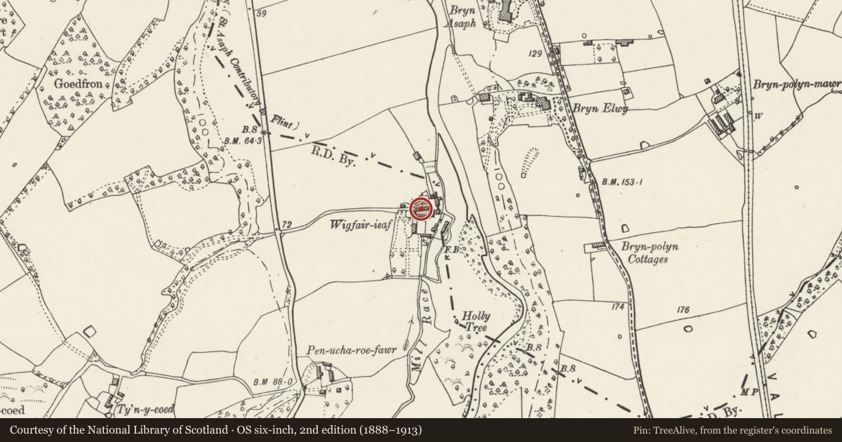 Ordnance Survey six-inch map, 2nd edition (1888–1913) covering the location of Wigfair Isaf, Cefnmeiriadog, Denbighshire, with a pin at the register's coordinates