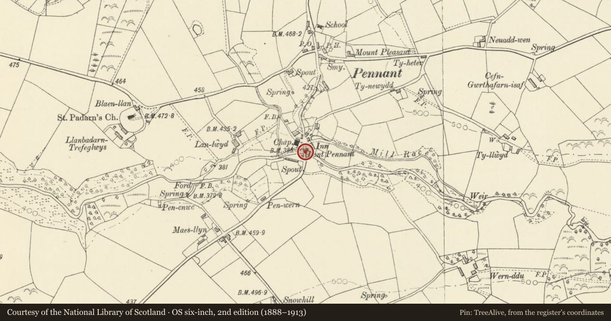 Ordnance Survey six-inch map, 2nd edition (1888–1913) covering the location of Pont Pennant, Dyffryn Arth, Ceredigion, with a pin at the register's coordinates