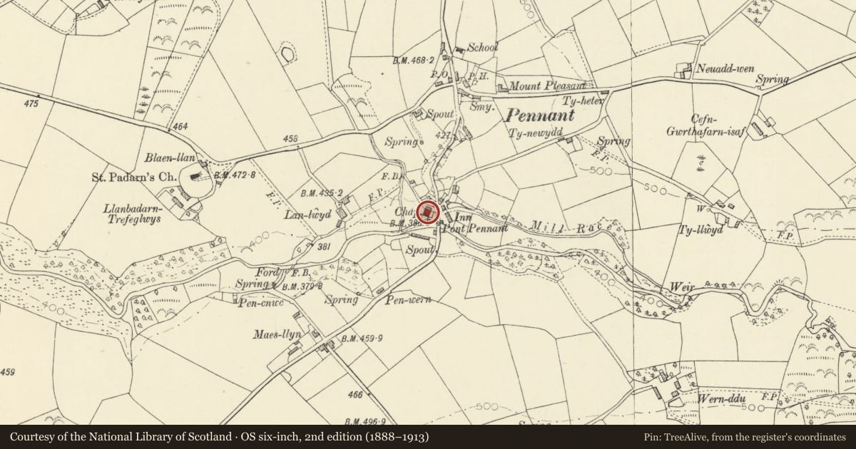 Ordnance Survey six-inch map, 2nd edition (1888–1913) covering the location of Capel Pennant, Dyffryn Arth, Ceredigion, with a pin at the register's coordinates