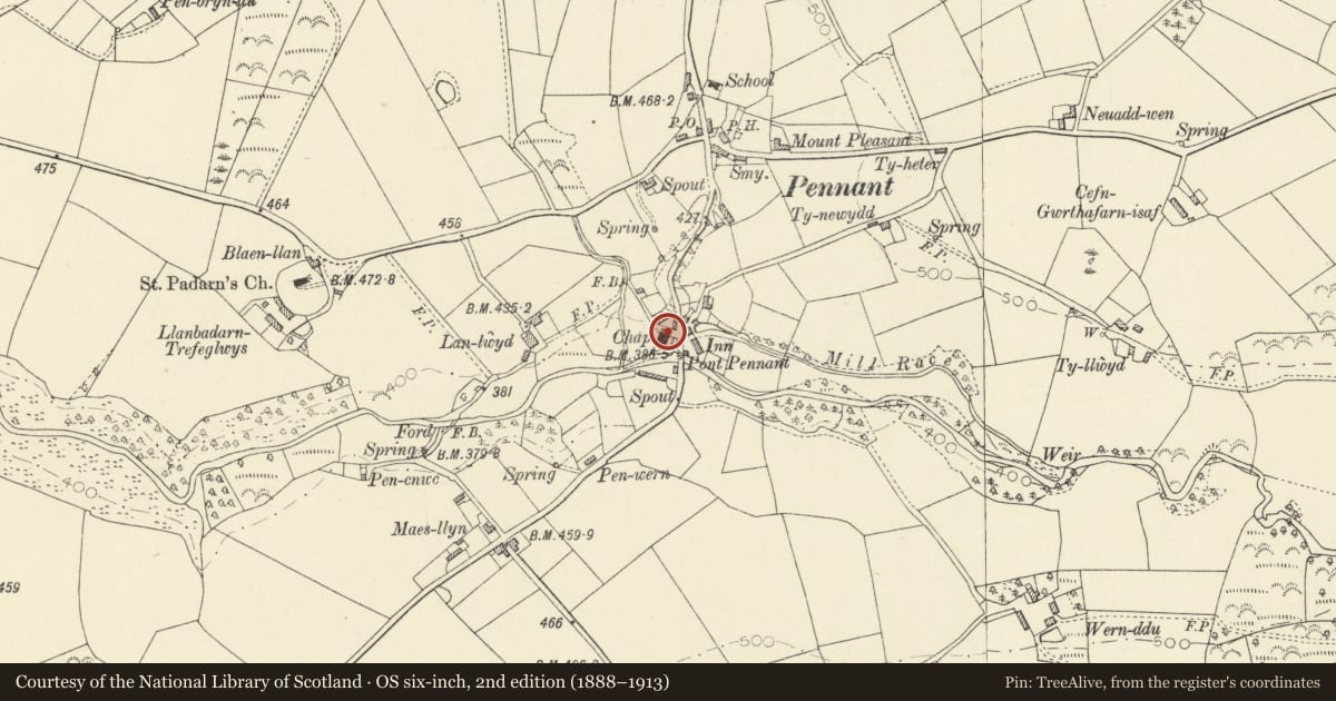 Ordnance Survey six-inch map, 2nd edition (1888–1913) covering the location of Ty Capel, Dyffryn Arth, Ceredigion, with a pin at the register's coordinates