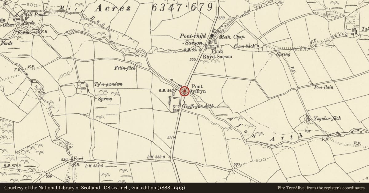 Ordnance Survey six-inch map, 2nd edition (1888–1913) covering the location of Pont Dyffryn, Dyffryn Arth, Ceredigion, with a pin at the register's coordinates