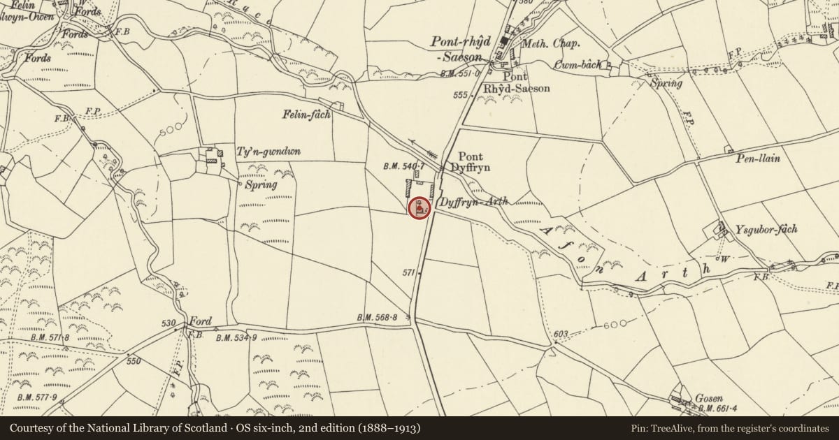 Ordnance Survey six-inch map, 2nd edition (1888–1913) covering the location of Dyffryn Arth, Ceredigion, with a pin at the register's coordinates