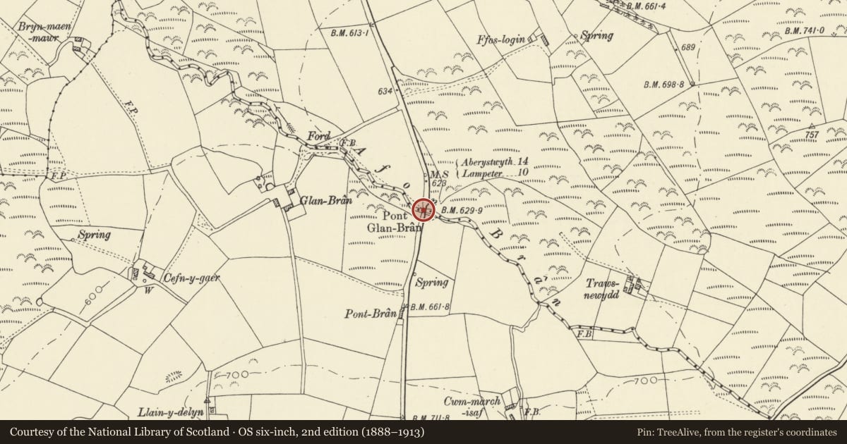 Ordnance Survey six-inch map, 2nd edition (1888–1913) covering the location of Pont Glanbran ( Partly in Ciliau Aeron Community), Ceredigion, with a pin at the register's coordinates