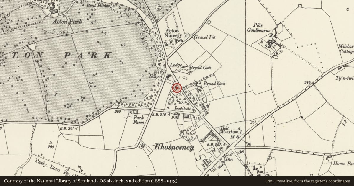 Ordnance Survey six-inch map, 2nd edition (1888–1913) covering the location of 93 Dean Road, Acton, Wrexham, with a pin at the register's coordinates