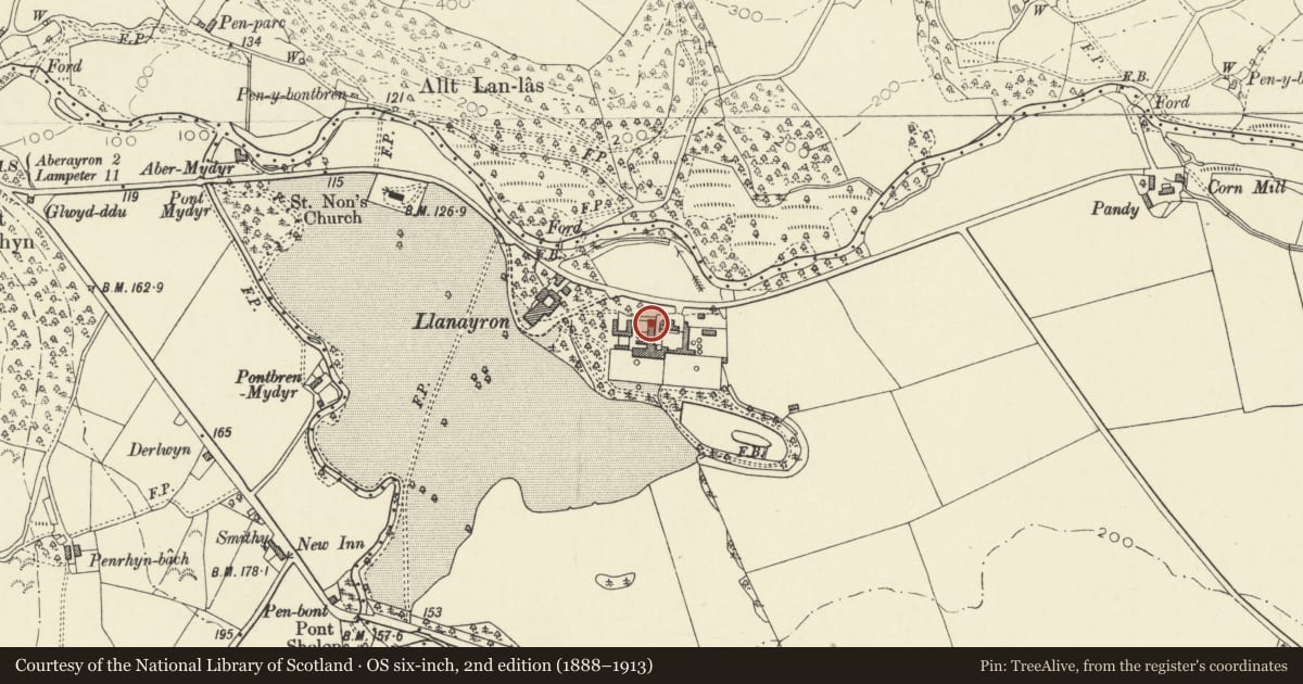 Ordnance Survey six-inch map, 2nd edition (1888–1913) covering the location of N Range of attached outbuilding at Llanerchaeron (Previously listed as sited at Llanaeron House), Ciliau Aeron, Ceredigion, with a pin at the register's coordinates