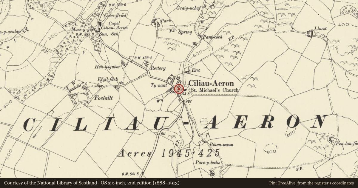Ordnance Survey six-inch map, 2nd edition (1888–1913) covering the location of Entrance Gates at St Michael's Church, Ciliau Aeron, Ceredigion, with a pin at the register's coordinates