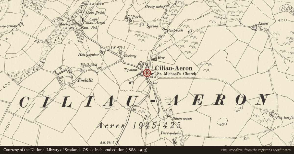 Ordnance Survey six-inch map, 2nd edition (1888–1913) covering the location of Mounting-Block at St Michael's Church, Ciliau Aeron, Ceredigion, with a pin at the register's coordinates