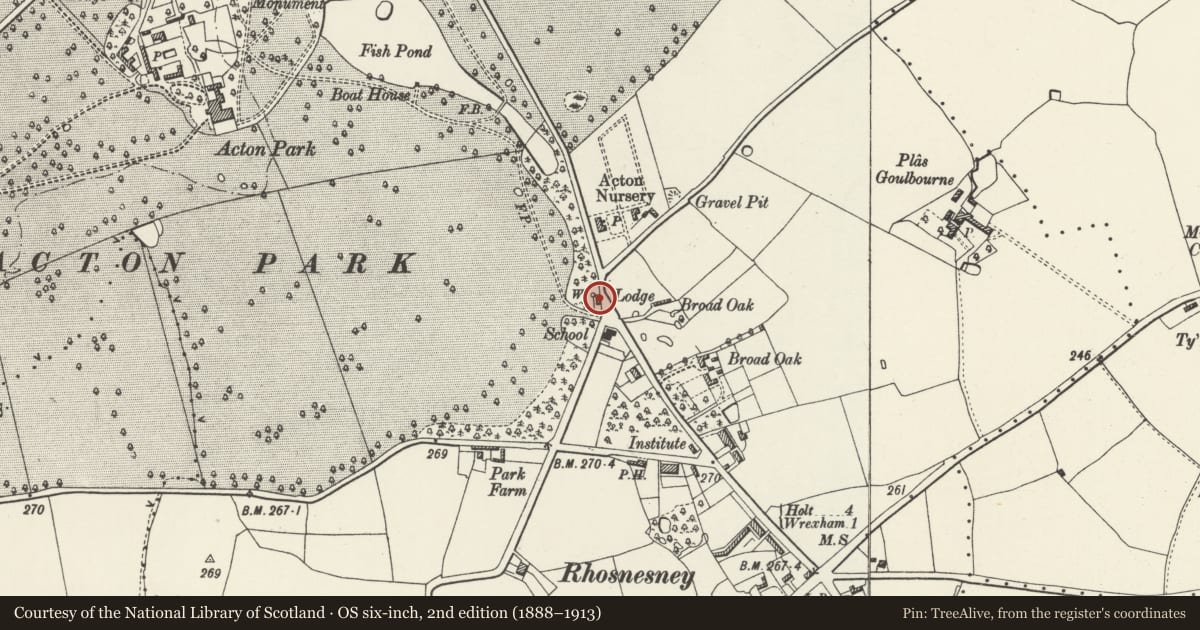 Ordnance Survey six-inch map, 2nd edition (1888–1913) covering the location of The Lodge, Acton, Wrexham, with a pin at the register's coordinates