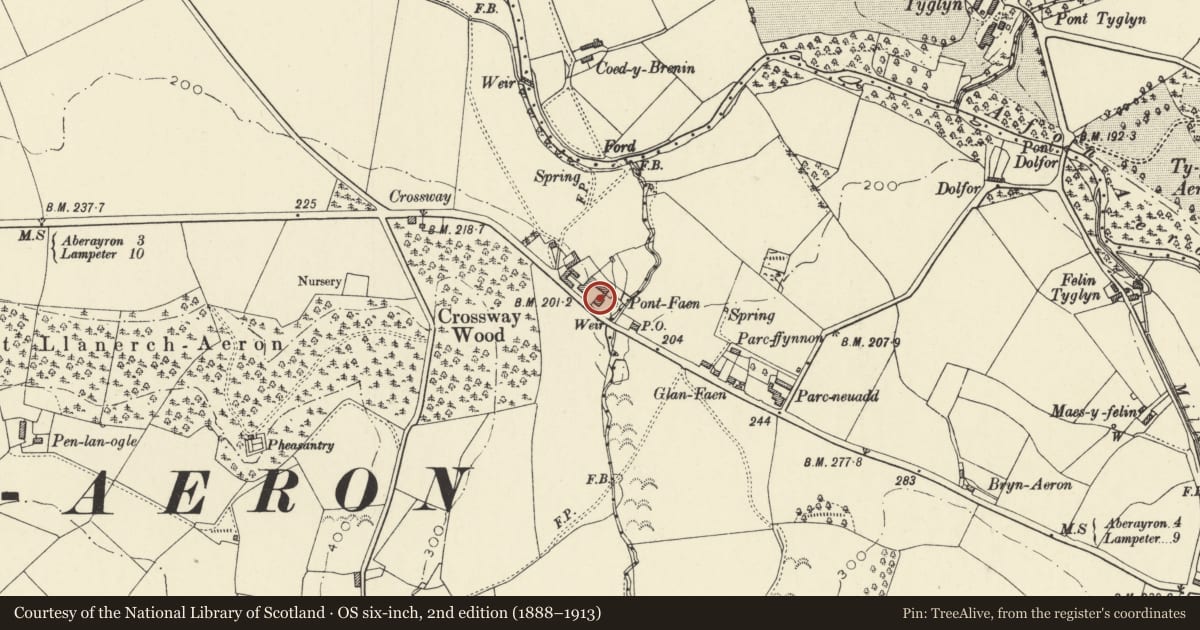 Ordnance Survey six-inch map, 2nd edition (1888–1913) covering the location of Pont Faen, Ciliau Aeron, Ceredigion, with a pin at the register's coordinates