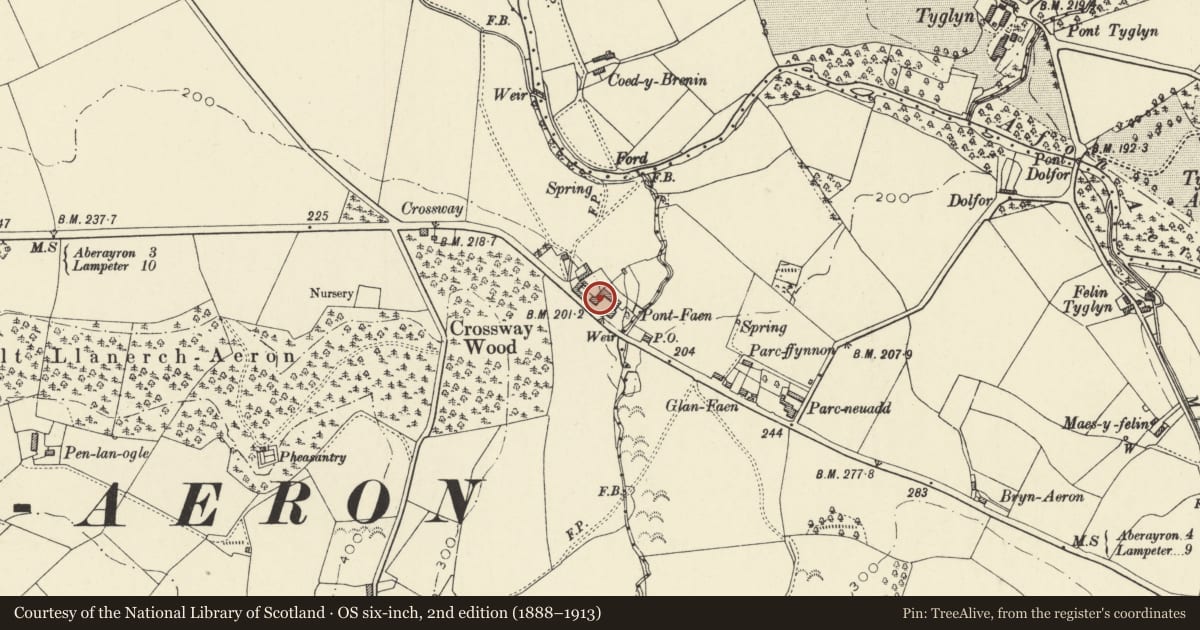 Ordnance Survey six-inch map, 2nd edition (1888–1913) covering the location of Barn to W of Pont Faen, Ciliau Aeron, Ceredigion, with a pin at the register's coordinates