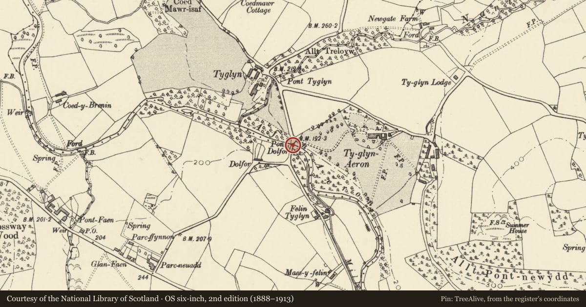 Ordnance Survey six-inch map, 2nd edition (1888–1913) covering the location of Bridge over River Aeron near Ty Glyn Camp, Ciliau Aeron, Ceredigion, with a pin at the register's coordinates