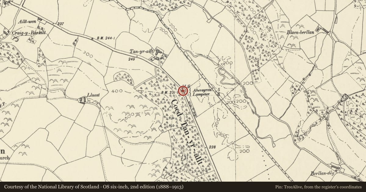 Ordnance Survey six-inch map, 2nd edition (1888–1913) covering the location of Milestone near Tan-yr-allt, Ciliau Aeron, Ceredigion, with a pin at the register's coordinates