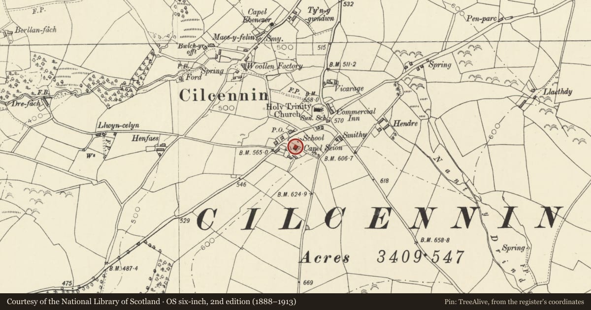 Ordnance Survey six-inch map, 2nd edition (1888–1913) covering the location of Capel Sion, Ciliau Aeron, Ceredigion, with a pin at the register's coordinates