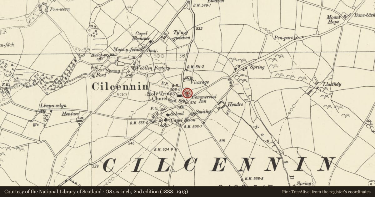 Ordnance Survey six-inch map, 2nd edition (1888–1913) covering the location of Glendower, Ciliau Aeron, Ceredigion, with a pin at the register's coordinates