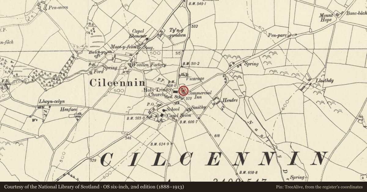 Ordnance Survey six-inch map, 2nd edition (1888–1913) covering the location of Attached Cottage to S of Glendower, Ciliau Aeron, Ceredigion, with a pin at the register's coordinates