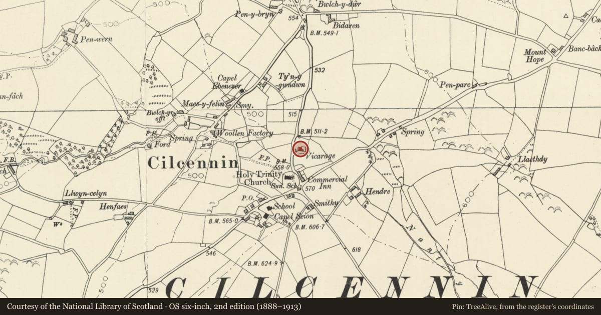 Ordnance Survey six-inch map, 2nd edition (1888–1913) covering the location of The Old Vicarage, Ciliau Aeron, Ceredigion, with a pin at the register's coordinates