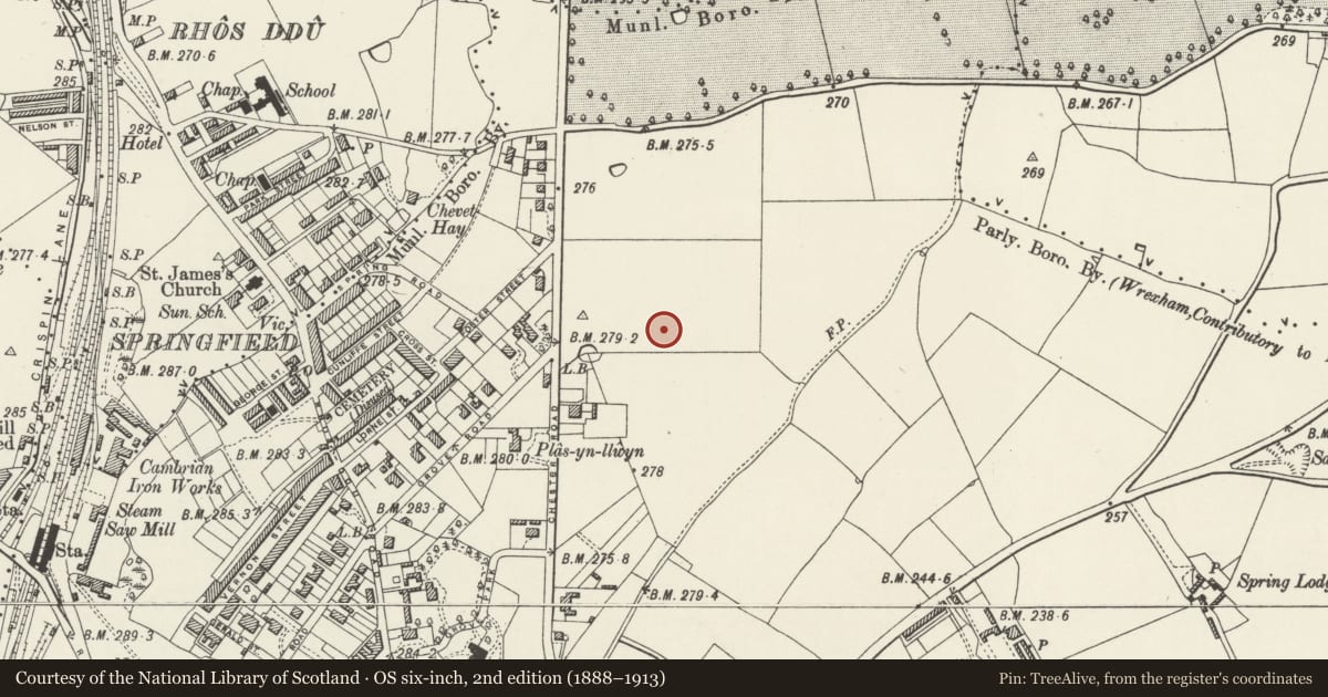 Ordnance Survey six-inch map, 2nd edition (1888–1913) covering the location of The Cottage, Acton, Wrexham, with a pin at the register's coordinates