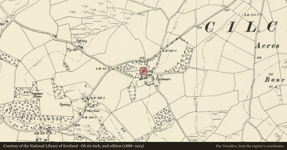 Ordnance Survey six-inch map, 2nd edition (1888–1913) covering the location of Ty Mawr, Ciliau Aeron, Ceredigion, with a pin at the register's coordinates