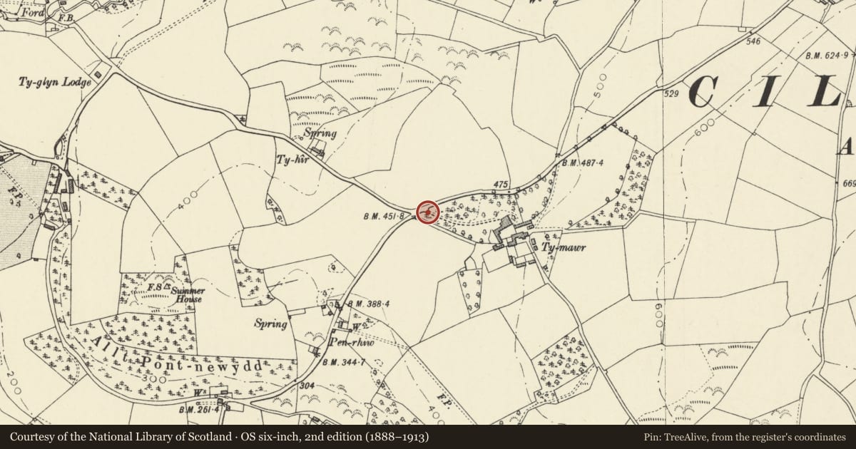 Ordnance Survey six-inch map, 2nd edition (1888–1913) covering the location of Entrance Gates to Ty Mawr, Ciliau Aeron, Ceredigion, with a pin at the register's coordinates