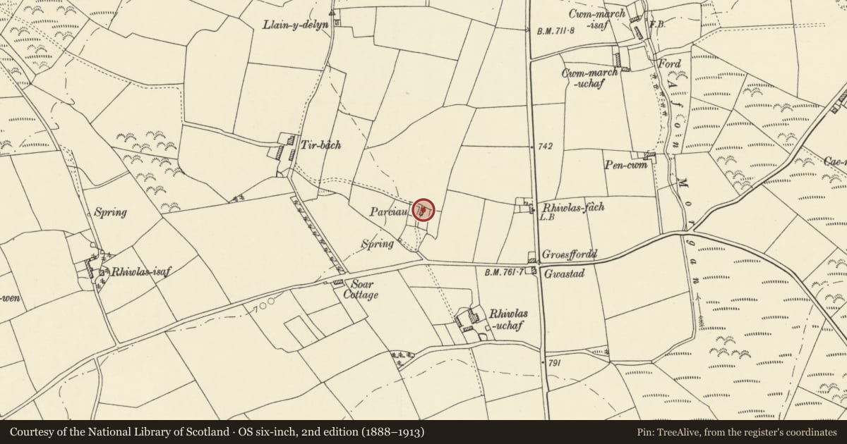 Ordnance Survey six-inch map, 2nd edition (1888–1913) covering the location of Parcau, Ciliau Aeron, Ceredigion, with a pin at the register's coordinates