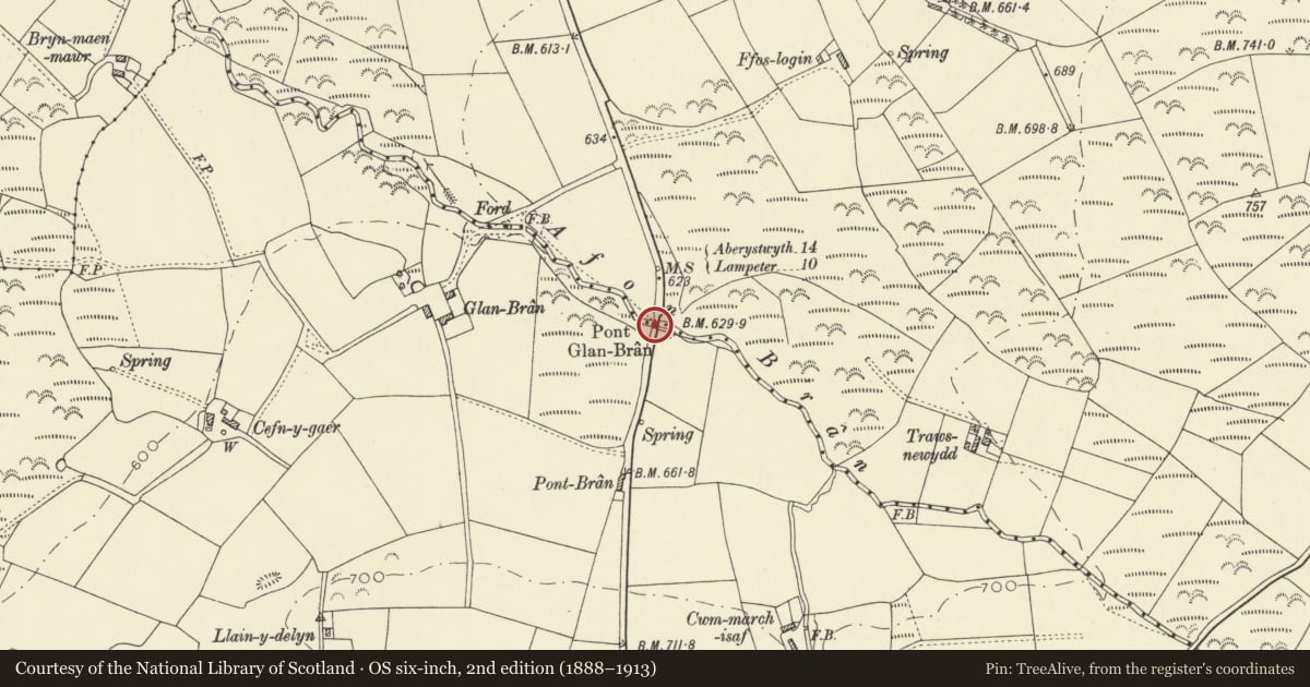 Ordnance Survey six-inch map, 2nd edition (1888–1913) covering the location of Pont Glanbran ( Partly in Dyffryn Arth community), Ciliau Aeron, Ceredigion, with a pin at the register's coordinates