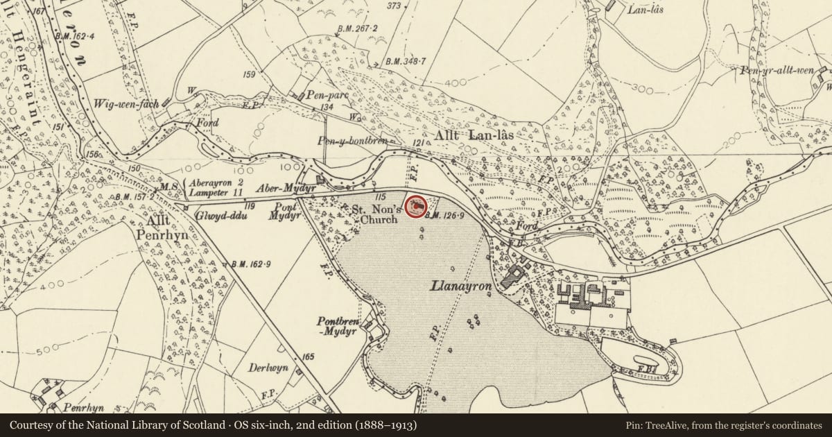Ordnance Survey six-inch map, 2nd edition (1888–1913) covering the location of Railed Lewis Family Memorial at St. Non's Church, Ciliau Aeron, Ceredigion, with a pin at the register's coordinates