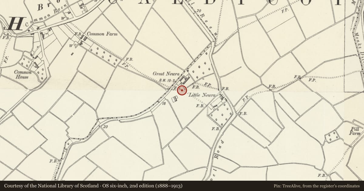 Ordnance Survey six-inch map, 2nd edition (1888–1913) covering the location of Barn at Great Newra, Goldcliff, Newport, with a pin at the register's coordinates
