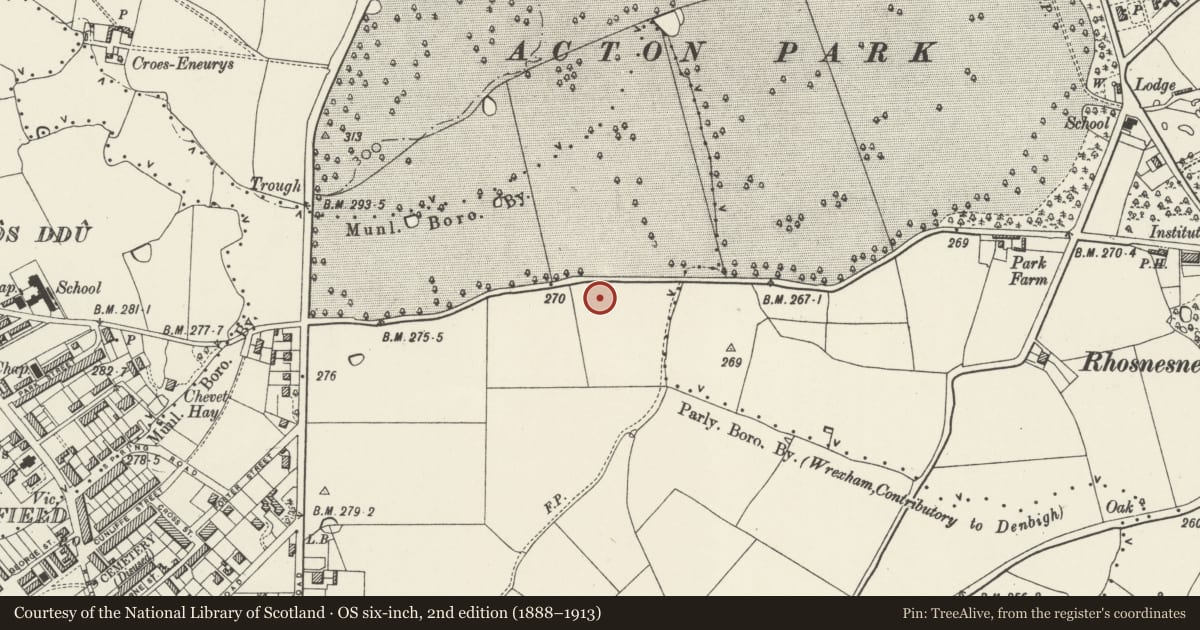 Ordnance Survey six-inch map, 2nd edition (1888–1913) covering the location of St Giles House, Acton, Wrexham, with a pin at the register's coordinates