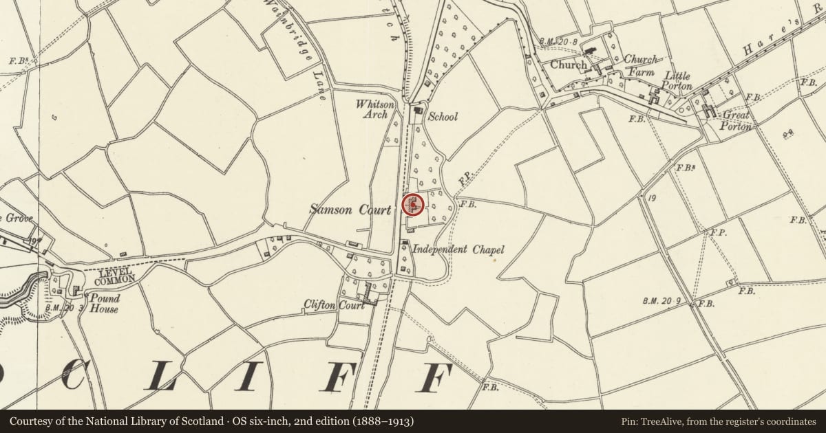 Ordnance Survey six-inch map, 2nd edition (1888–1913) covering the location of Samson Court, Goldcliff, Newport, with a pin at the register's coordinates