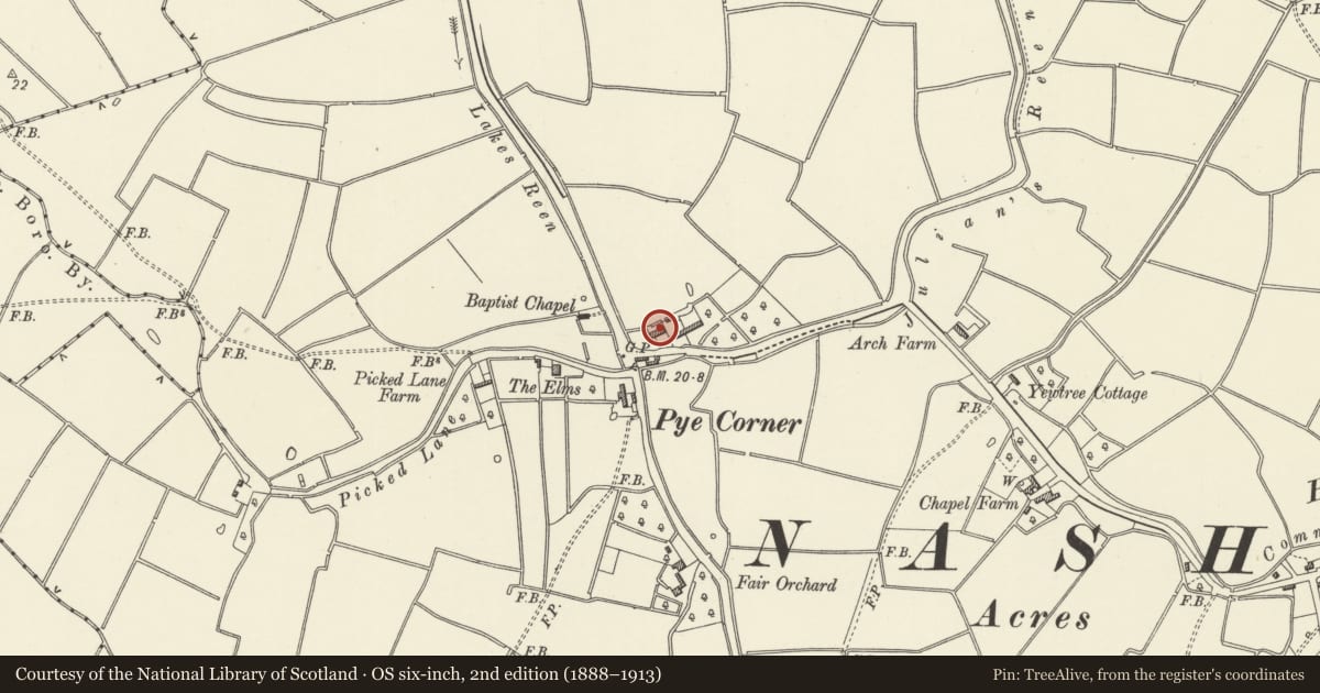 Ordnance Survey six-inch map, 2nd edition (1888–1913) covering the location of Pye Corner Farm, Nash, Newport, with a pin at the register's coordinates