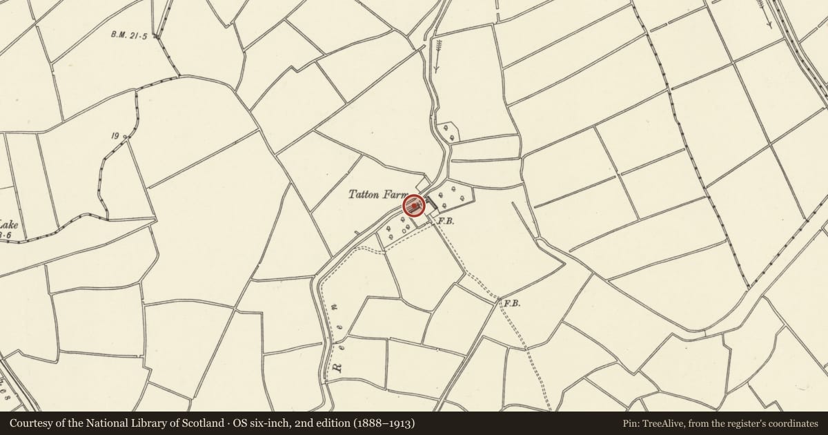 Ordnance Survey six-inch map, 2nd edition (1888–1913) covering the location of Tatton Farm, Nash, Newport, with a pin at the register's coordinates