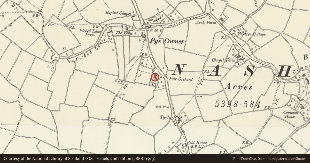 Ordnance Survey six-inch map, 2nd edition (1888–1913) covering the location of Fair Orchard Barn and attached agricultural buildings, Nash, Newport, with a pin at the register's coordinates