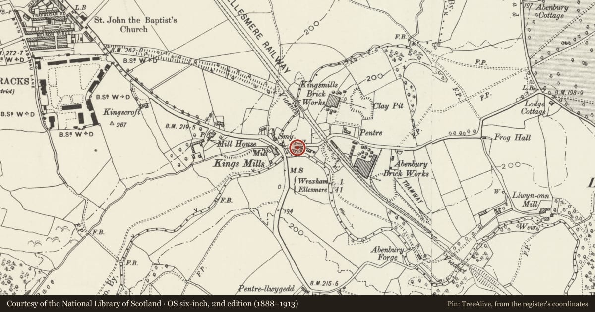 Ordnance Survey six-inch map, 2nd edition (1888–1913) covering the location of The Red Lion Public House, Caia Park, Wrexham, with a pin at the register's coordinates