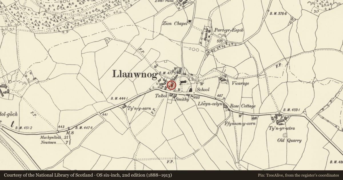 Ordnance Survey six-inch map, 2nd edition (1888–1913) covering the location of Telephone Call-box (01686 688564), Caersws, Powys, with a pin at the register's coordinates